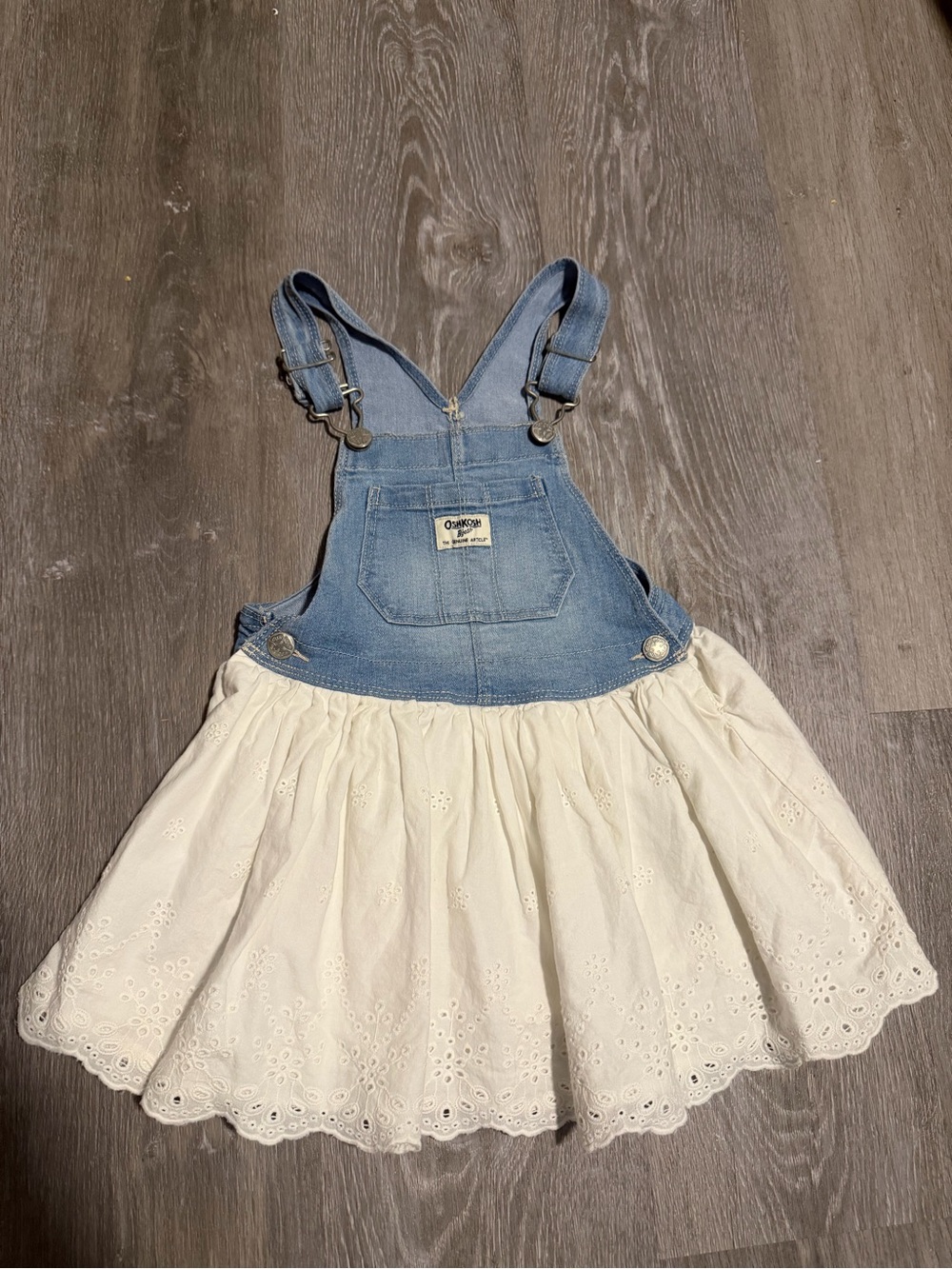 Denim & White Eyelet Overall Dress - Kids